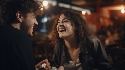 A girlfriend and boyfriend eating of dessert at a cafe. - obrazy, fototapety, plakaty