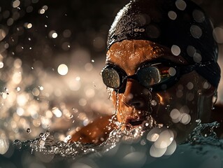 A committed swimming athlete training rigorously at night