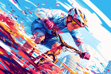 Mountain bikers in action on the descent against a blue, white and red background. Paris 2024. Sports illustration.
