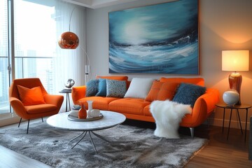 A cozy living room filled with vibrant orange hues and a striking blue painting, featuring a comfortable couch, stylish coffee table, and elegant vase, perfect for relaxing and entertaining in a mode