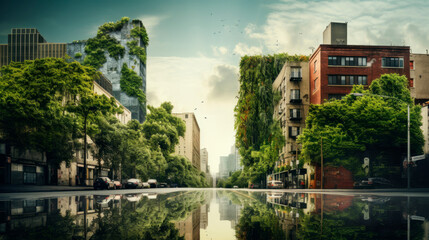 Fototapeta premium A futuristic cityscape blending urban structures with lush greenery, reflecting a concept of eco-friendliness and harmony between nature and technology.