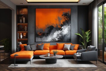 Vibrant orange couches pop against the neutral walls of a cozy living room, anchored by a striking painting and accented with a plush loveseat, elegant club chair, and lush houseplants
