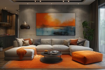 A cozy living room oasis awaits with a plush sofa bed, stylish club chair, and captivating painting adorning the wall, inviting you to relax and unwind in this beautifully designed indoor space