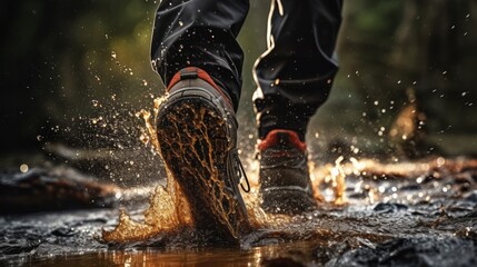 While hiking in wet weather, a trekking boot strikes a puddle, causing a splash of water.