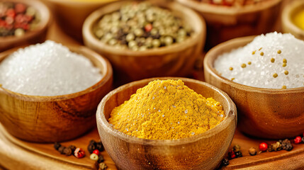 Variety of Spices and Ingredients for Cooking, Colorful Seasoning on Wooden Table