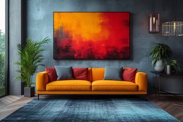 Cozy and inviting living room with a vibrant red sofa and a beautiful painting adorning the wall, creating the perfect space for relaxation and contemplation
