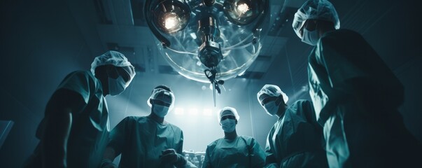 From a low angle, four surgeons coordinate their procedures in the operating room, demonstrating...