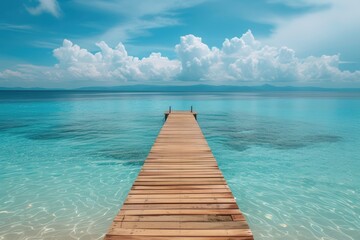 a wooden dock leading out to a clear blue sea - obrazy, fototapety, plakaty