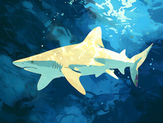 Vivid Yellow and Blue Stylized Shark Illustration Underwater with Sunlight Rays - Ocean Predators Concept, Nautical Wildlife Art, Deep Sea Exploration Theme