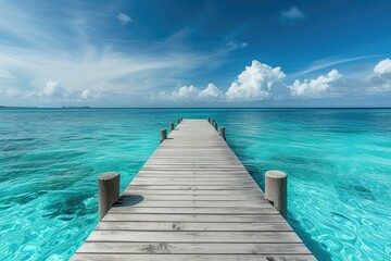a wooden dock leading out to a clear blue sea