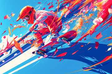 Obraz na płótnie Canvas Skater in action on the court over blue, white and red background. Paris 2024. Sport illustration.
