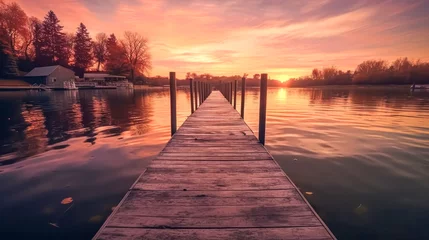 Foto op Plexiglas A serene lakeside scene at dusk as smoke drifts over the calm waters © Алла Морозова
