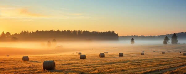 A misty morning sunrise illuminates a field with hay bales.