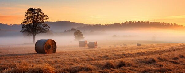 A misty morning sunrise illuminates a field with hay bales.