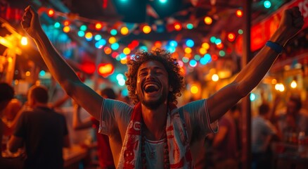 A joyous man's face illuminated by vibrant lights as he dances with abandon at a lively concert, his arms raised in celebration of the thrilling music and festive atmosphere