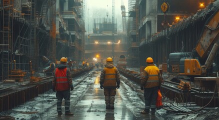 Braving the elements, a team of blue-collar workers clad in safety gear and helmets trek through the wintry city streets, determined to build and construct despite the cold and wet conditions - obrazy, fototapety, plakaty