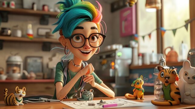 Cartoon digital avatar of a creative cat cafe owner with an artsy look and colorful hair, sitting at a table doodling and designing new catthemed merchandise while curious felines watch