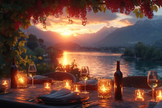 As the sun sets over the tranquil lake, the flickering candles on the outdoor table reflect off the water, creating a warm and inviting atmosphere surrounded by majestic mountains and lush trees, bec