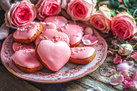Homemade heart-shaped cookies on a background of pink roses for Valentine's Day. - Powered by Adobe