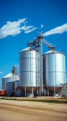 Obraz premium An industrial steel silo stands tall against a clear sky, serving as a storage facility for agricultural production in a bustling factory business.