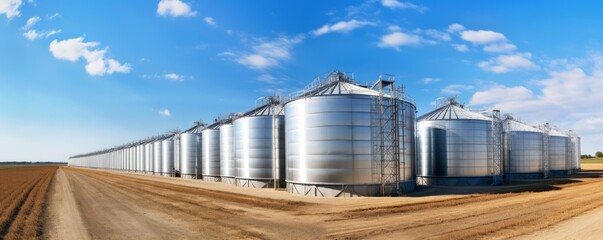 An industrial steel silo stands tall against a clear sky, serving as a storage facility for agricultural production in a bustling factory business.