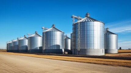 Fototapeta premium An industrial steel silo stands tall against a clear sky, serving as a storage facility for agricultural production in a bustling factory business.
