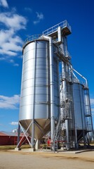 Obraz premium An industrial steel silo stands tall against a clear sky, serving as a storage facility for agricultural production in a bustling factory business.