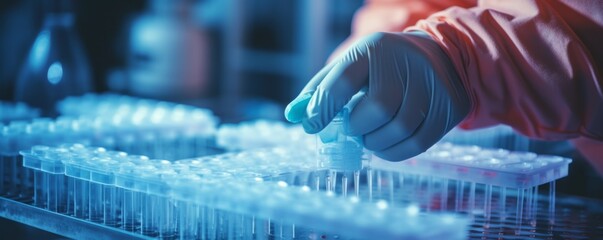 A scientist, wearing blue gloves, employs a pipette to transfer samples for DNA analysis.