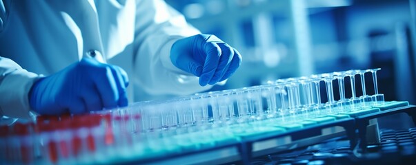 A scientist, wearing blue gloves, employs a pipette to transfer samples for DNA analysis.