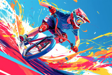 BMX Rider in action in the arena over blue, white and red background. Paris 2024. Sport illustration.