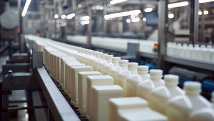 Row of milk bottles on a conveyor belt at a dairy processing plant. Bottles filled with milk are ready for packaging or distribution. Conveyor of an automated production line