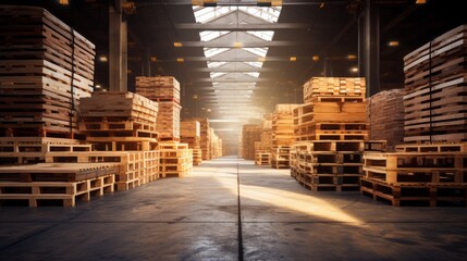 Wooden pallets stored for transportation and logistics in a warehouse, with copy space available.