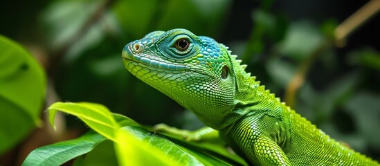 Fototapeta premium A lizard from the Iguania family, a scaled terrestrial reptile, rests on a green leaf in close-up macro photography.