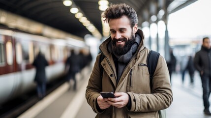 Happy bearded man smiling and looking at smartphone while waiting at the train station