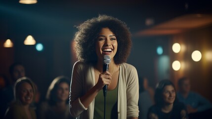 A young woman entertains a diverse audience with stand-up comedy on a brightly lit stage in a theater.