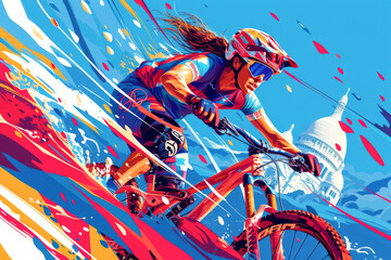 Obraz na płótnie Canvas Mountain bikers in action on the descent against a blue, white and red background. Paris 2024. Sports illustration.