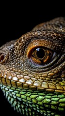 Fototapeta premium Close-up portrait of a reptile captured with a top-quality camera lens, isolated against a black background.