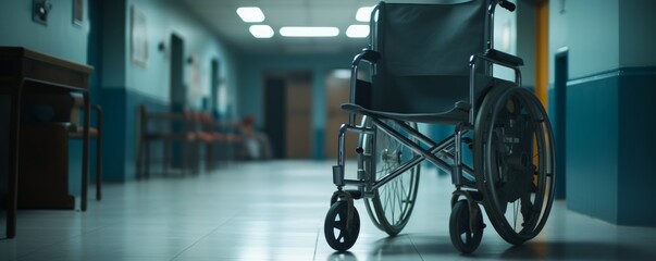 Close-up of a wheelchair in an ambulance waiting room. - obrazy, fototapety, plakaty