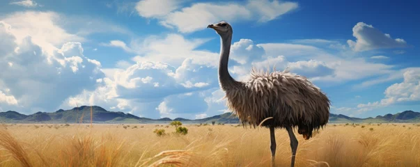  An ostrich stands in a field of dry grass with a blue sky and clouds in the background. © vadymstock