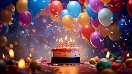 Colorful balloons backdrop for birthday party with cake and candles.