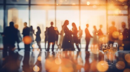 Blurred background of businesspeople at office party.