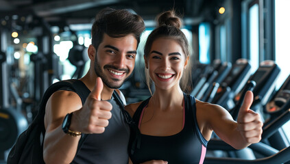 Fototapeta na wymiar young couple in gym, giving thumbs up