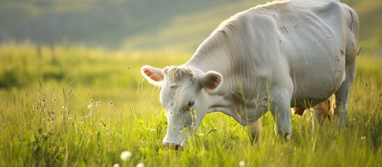 A terrestrial animal, the white cow, grazes in a grassy meadow in a natural landscape.