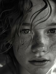 A black and white photo of a young girl with freckles. Generative AI.
