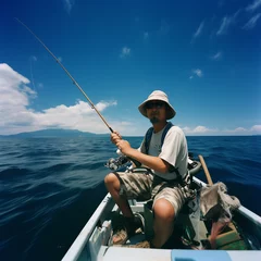 Fotobehang man with sunglasses in a boat on the water, fishing © Ceric Jasmina