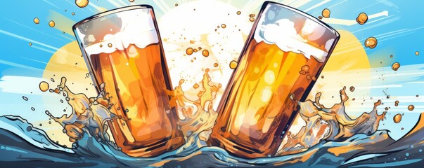 An illustration of refreshing beer glasses clinking together, set against a background of water, symbolizing celebration and lifestyle.