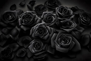 Behold the striking contrast of a solid background adorned with a set of black rose flowers on a table, their deep hues captivating the eye with their timeless elegance. 1