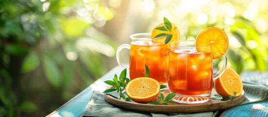 A refreshing pitcher of iced tea featuring oranges, mint leaves, and natural ingredients is placed on the table.