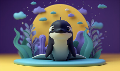 Naklejka premium Enchanting 3D Render of Adorable Fawn, Big-Eyed Baby orca in Magical Forest, Whimsical Fauna Illustration, Cute Wildlife Character