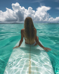 Endless Summer: Woman on Surfboard, Serene Ocean Adventure, Tropical Holiday Dream, Surfing into the Horizon, Solo Sea Journey, Bikini-Clad Surfer Embracing the Vast Blue Waters girl tropical